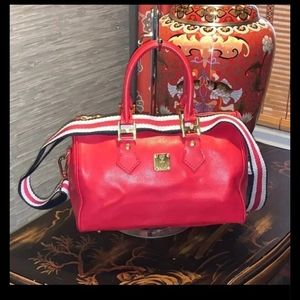 Vintage Numbered Limited Ed Rare MCM Red Leather Boston Satchel and Shoulder Bag